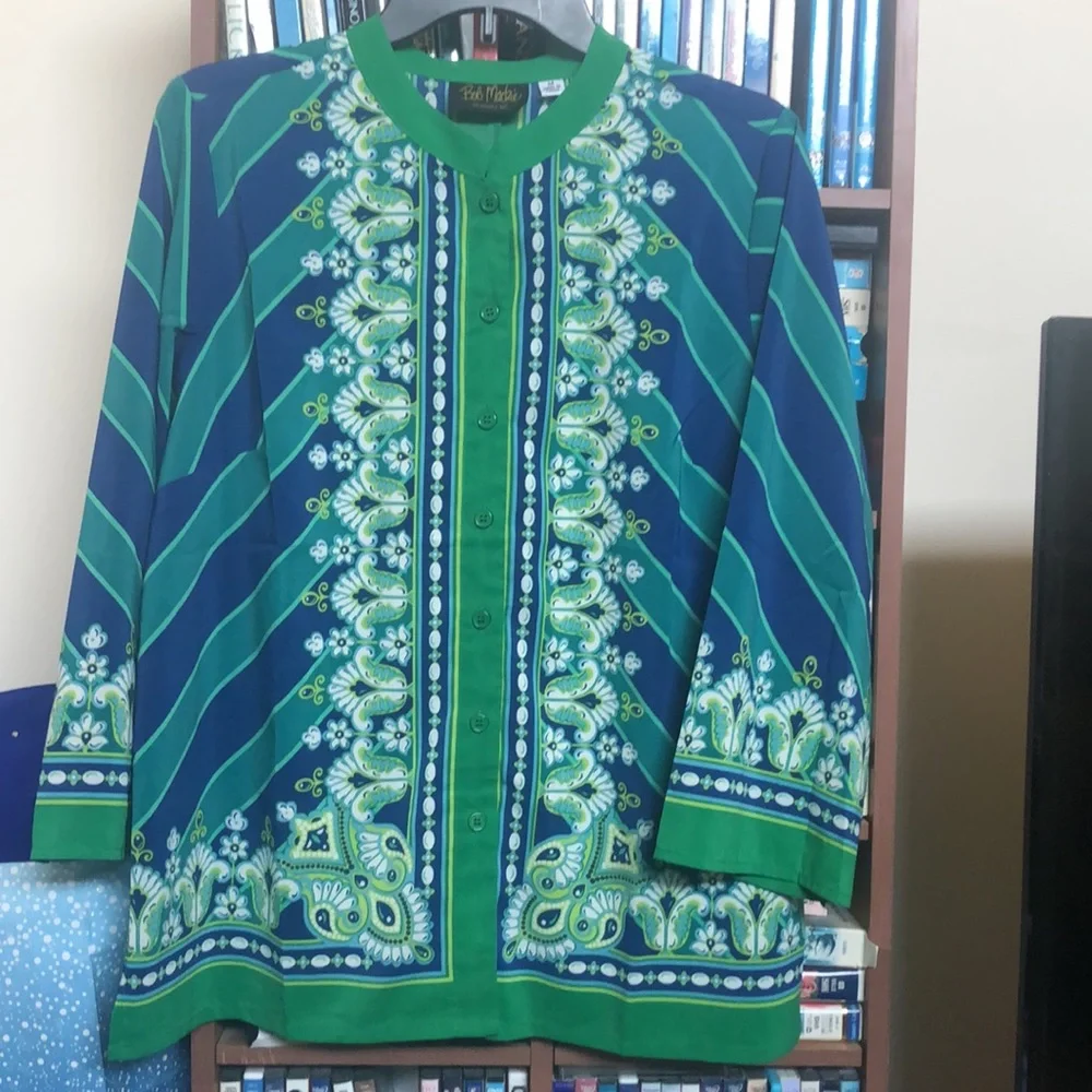 Bob Mackie Wearable Art Green & Blue Print Blouse Sz M - Picture 1 of 9